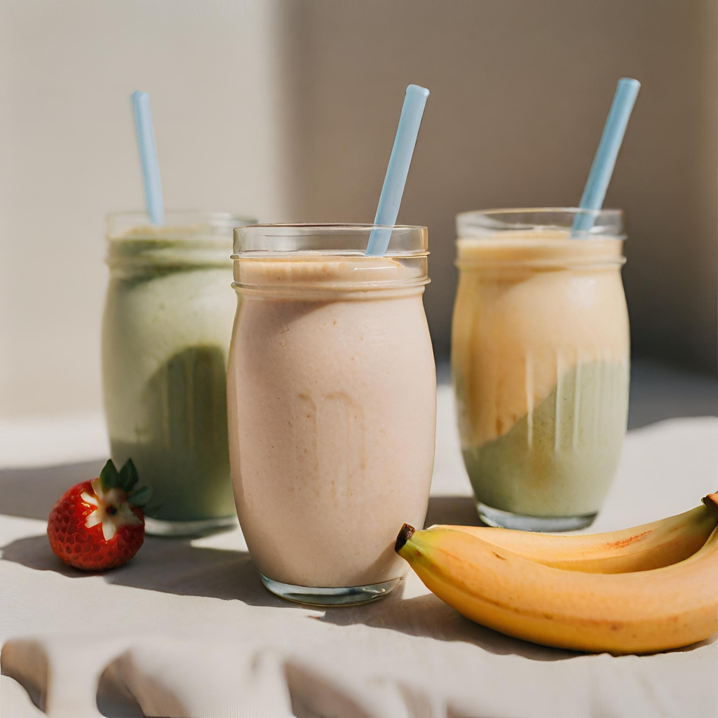 three smoothies with straws sitting on a table